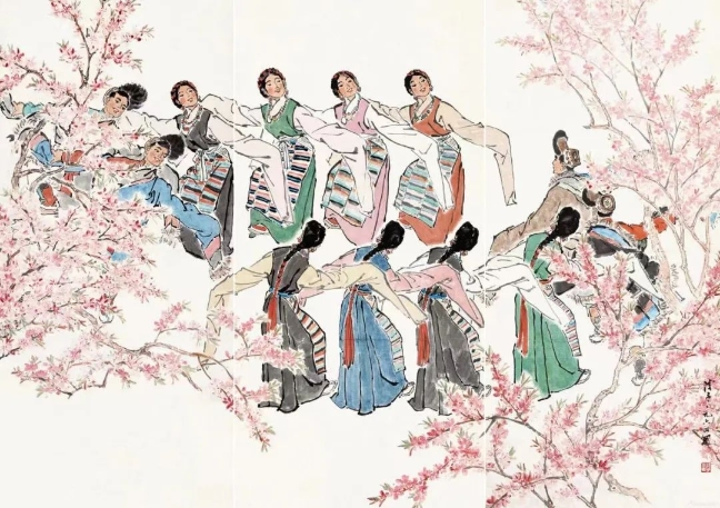 葉淺予高原之春紙本設(shè)色211cm×98cm、211cm×105cm、211cm×98cm1964年